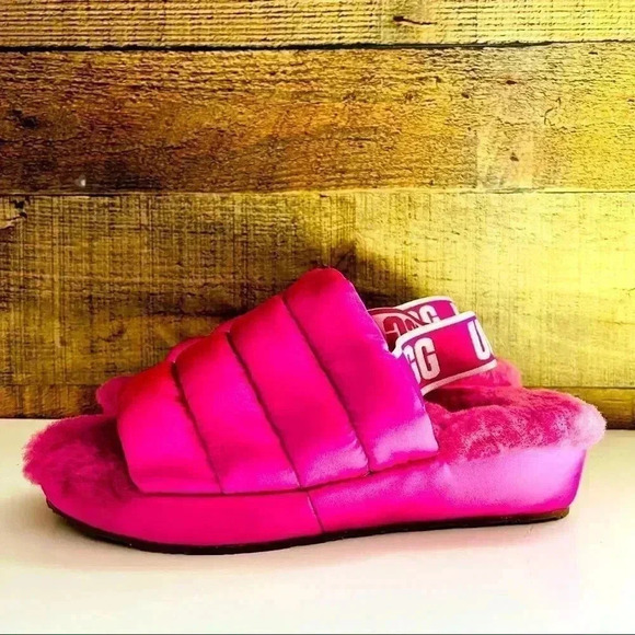 New Ugg Puff Yeah Slingback Fuchsia Satin Puffer Slippers - Picture 4 of 10